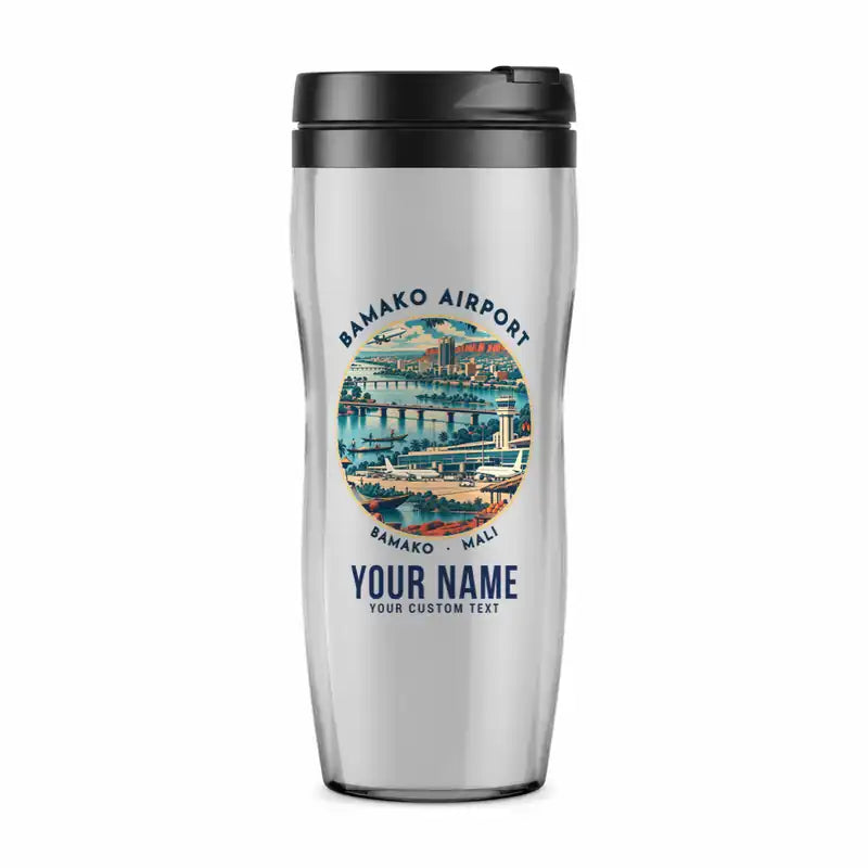 Modibo Keita International Airport (BKO) Travel Mugs - Badge + Name - Plastic (No Holder) - Light Gray