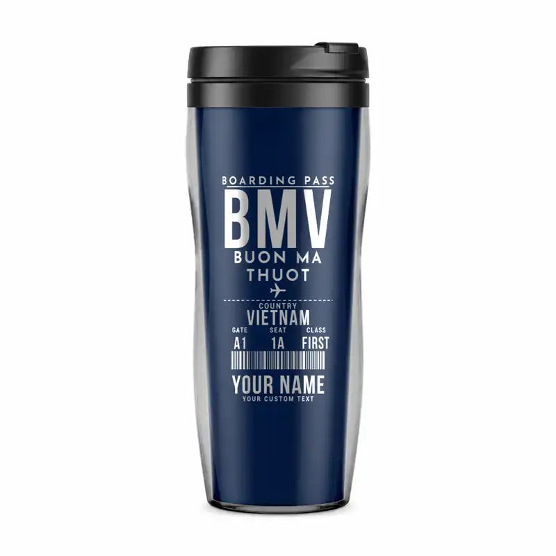 Buon Ma Thuot Airport (BMV) Travel Mugs - Boarding Pass + Name - Plastic (No Holder) - Dark Blue