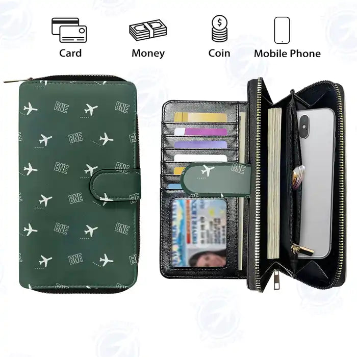Brisbane Airport (BNE) Leather Wallets - Zip Long Wallet - Pattern - Dark Green