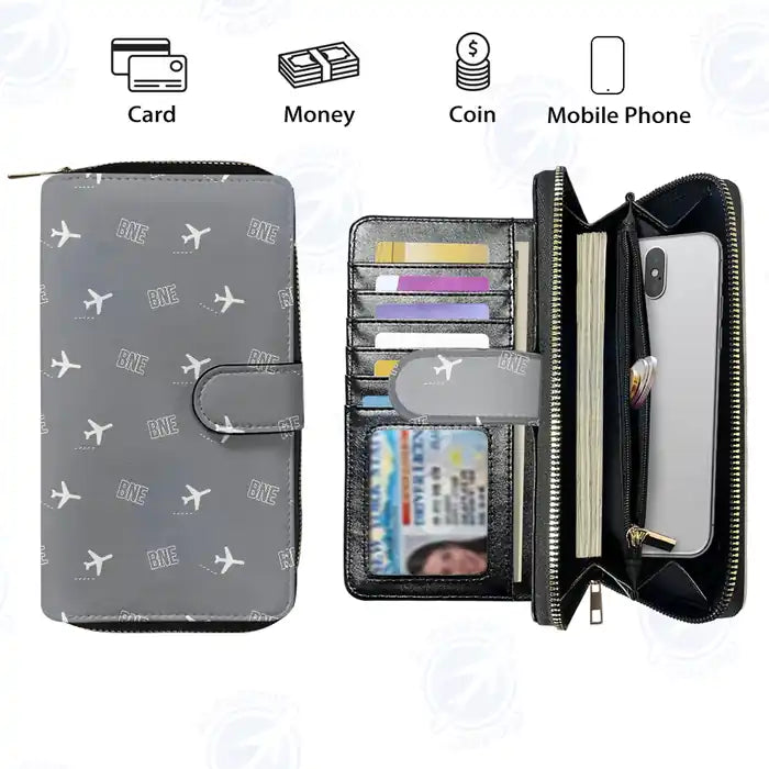 Brisbane Airport (BNE) Leather Wallets - Zip Long Wallet - Pattern - Gray