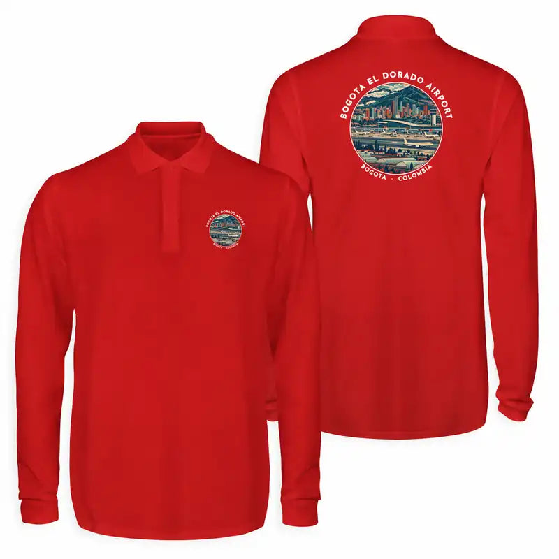 Bogota El Dorado International Airport (BOG) Premium Polo T-Shirts - Badge - Long Sleeve - Red