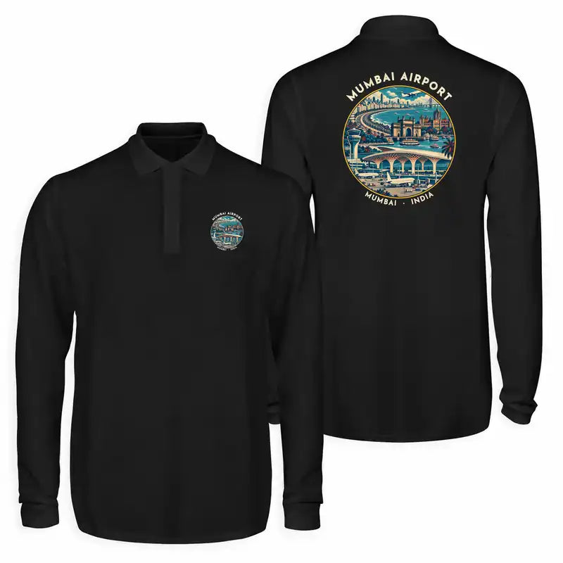 Mumbai Chhatrapati Shivaji Maharaj International Airport (BOM) Premium Polo T-Shirts - Badge - Long Sleeve - Black