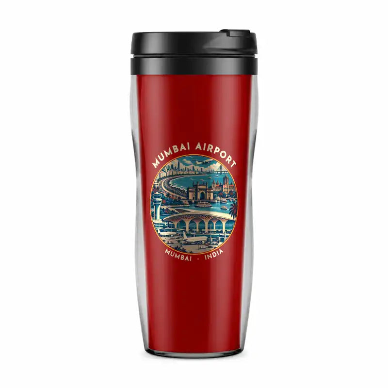Mumbai Chhatrapati Shivaji Maharaj International Airport (BOM) Travel Mugs - Badge - Plastic (No Holder) - Red