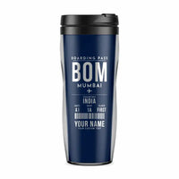 Thumbnail for Mumbai Chhatrapati Shivaji Maharaj International Airport (BOM) Travel Mugs - Boarding Pass + Name - Plastic (No Holder) - Dark Blue