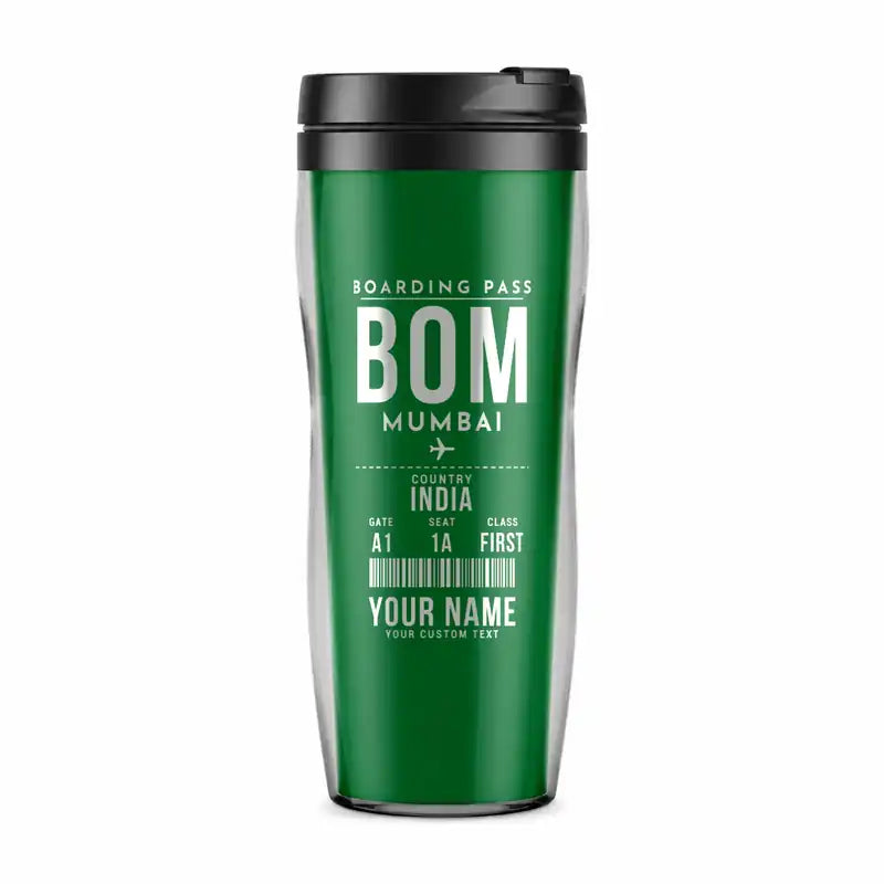 Mumbai Chhatrapati Shivaji Maharaj International Airport (BOM) Travel Mugs - Boarding Pass + Name - Plastic (No Holder) - Green