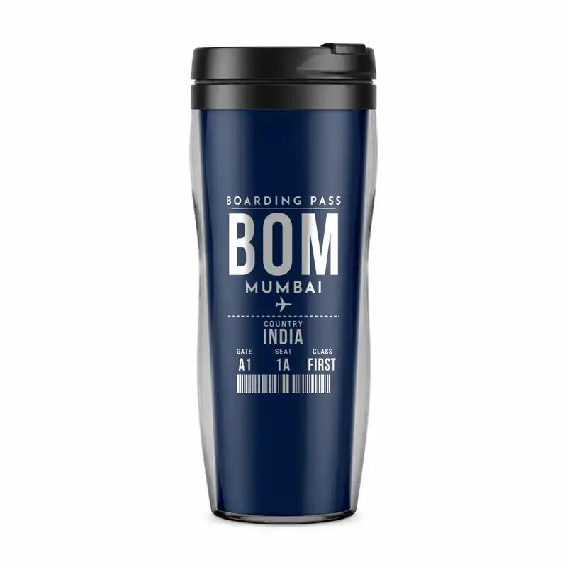 Mumbai Chhatrapati Shivaji Maharaj International Airport (BOM) Travel Mugs - Boarding Pass - Plastic (No Holder) - Dark Blue