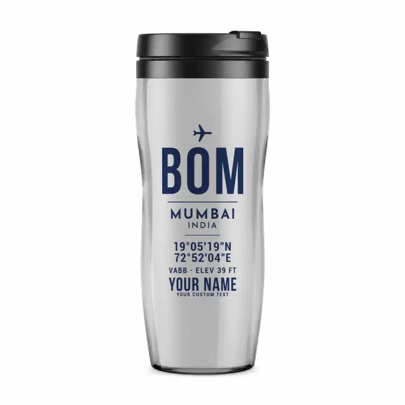 Mumbai Chhatrapati Shivaji Maharaj International Airport (BOM) Travel Mugs - ID Tag + Name - Plastic (No Holder) - Light Gray