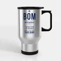 Thumbnail for Mumbai Chhatrapati Shivaji Maharaj International Airport (BOM) Travel Mugs - ID Tag + Name - Stainless Steel with Holder - Silver
