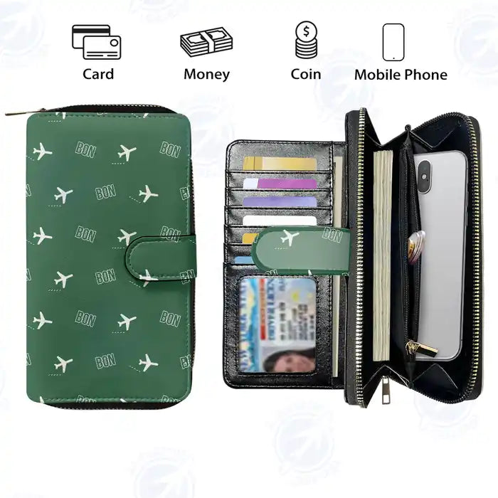 Bonaire Flamingo International Airport (BON) Leather Wallets - Zip Long Wallet - Pattern - Green