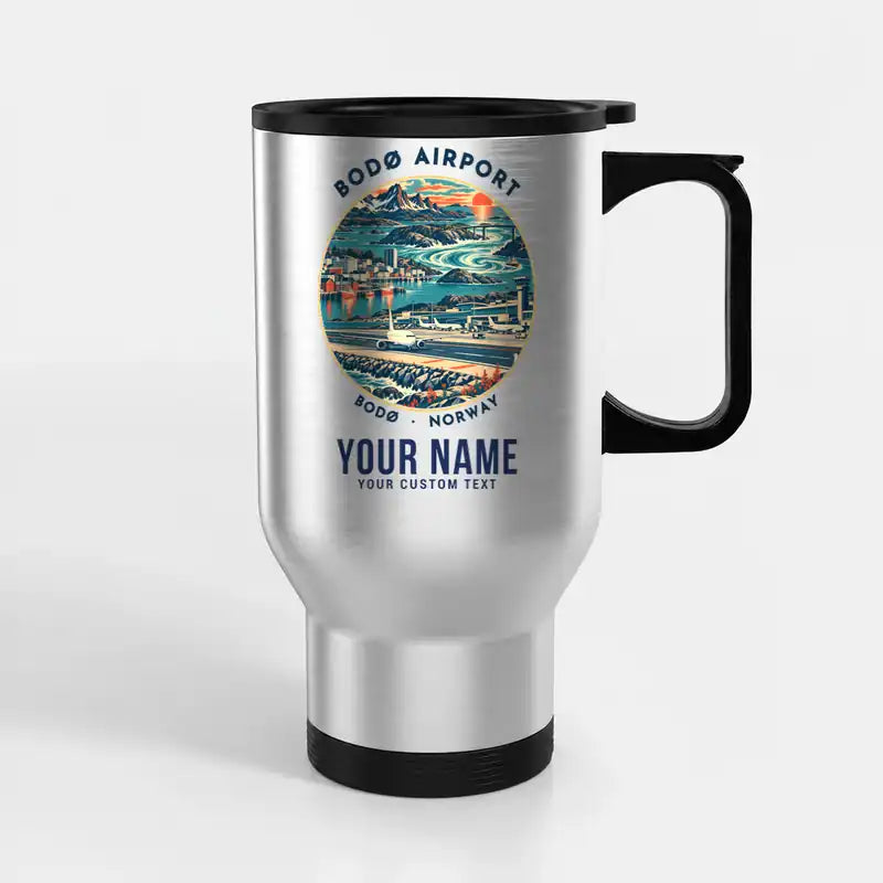 Bodø Airport (BOO) Travel Mugs - Badge + Name - Stainless Steel with Holder - Silver
