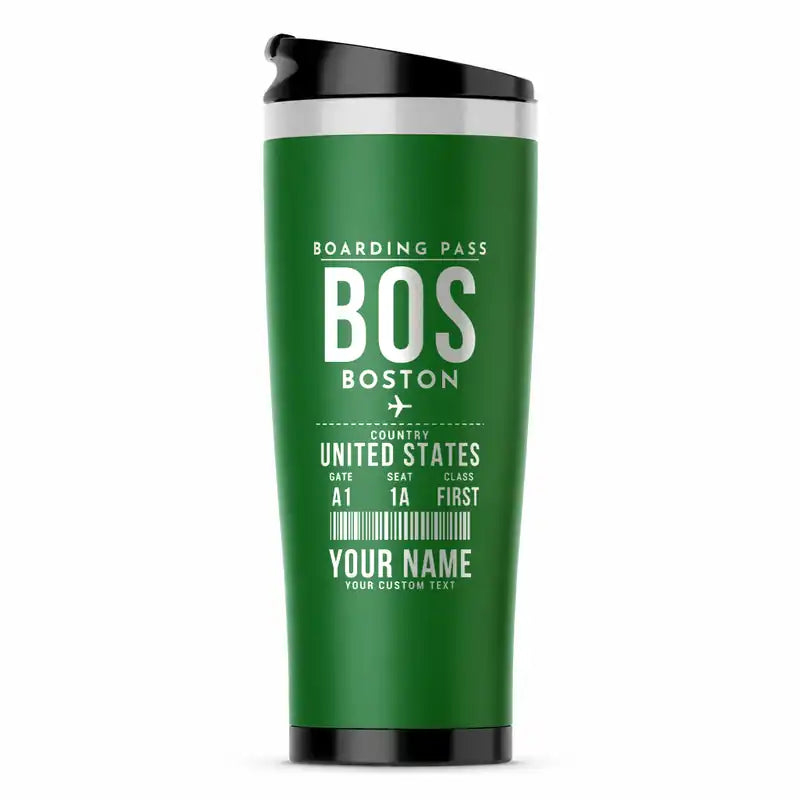 Boston Logan International Airport (BOS) Travel Mugs - Boarding Pass + Name - Stainless Steel (No Holder) - Green