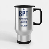 Thumbnail for Jack Brooks Regional Airport (BPT) Travel Mugs - ID Tag + Name - Stainless Steel with Holder - Silver