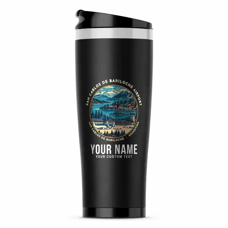 San Carlos de Bariloche Airport (BRC) Travel Mugs - Badge + Name - Stainless Steel (No Holder) - Black