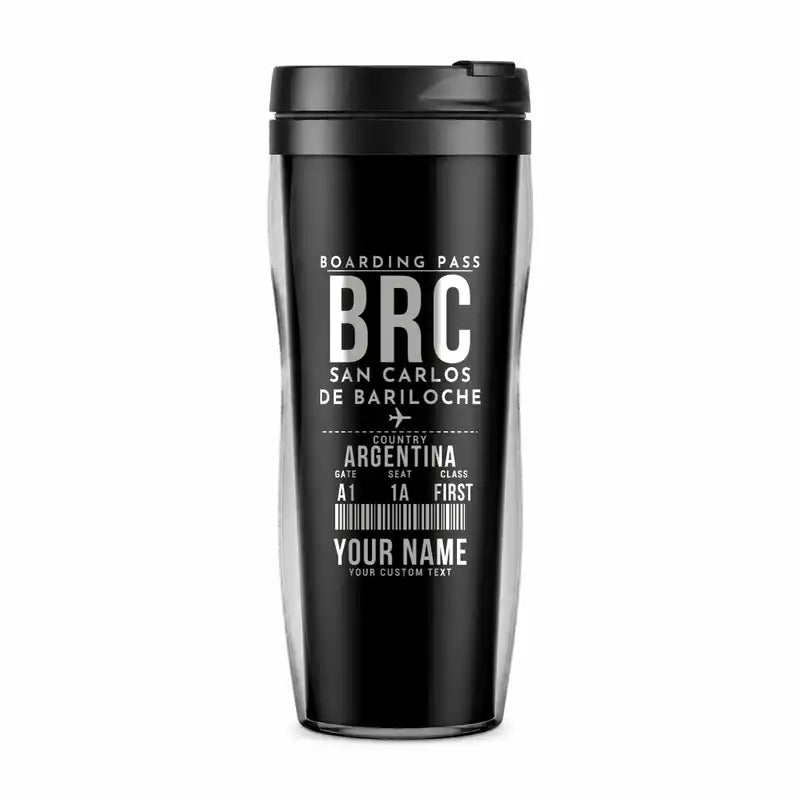San Carlos de Bariloche Airport (BRC) Travel Mugs - Boarding Pass + Name - Plastic (No Holder) - Black
