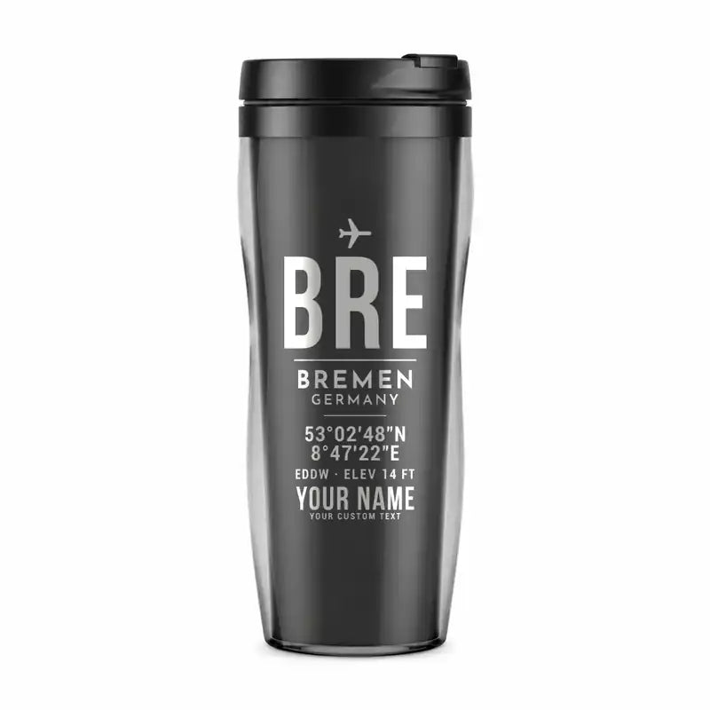 Bremen Airport (BRE) Travel Mugs - ID Tag + Name - Plastic (No Holder) - Gray