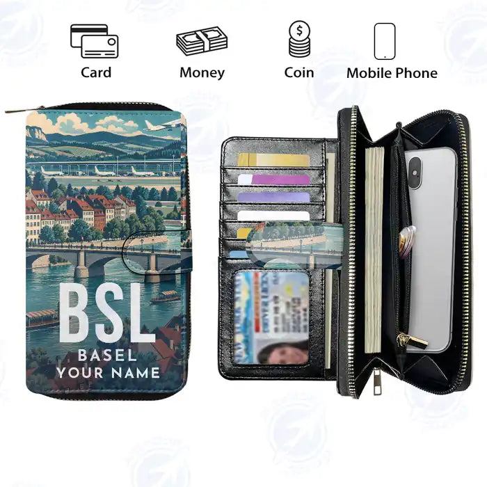 EuroAirport Basel-Mulhouse-Freiburg (BSL) Leather Wallets - Zip Long Wallet - Scene + Name