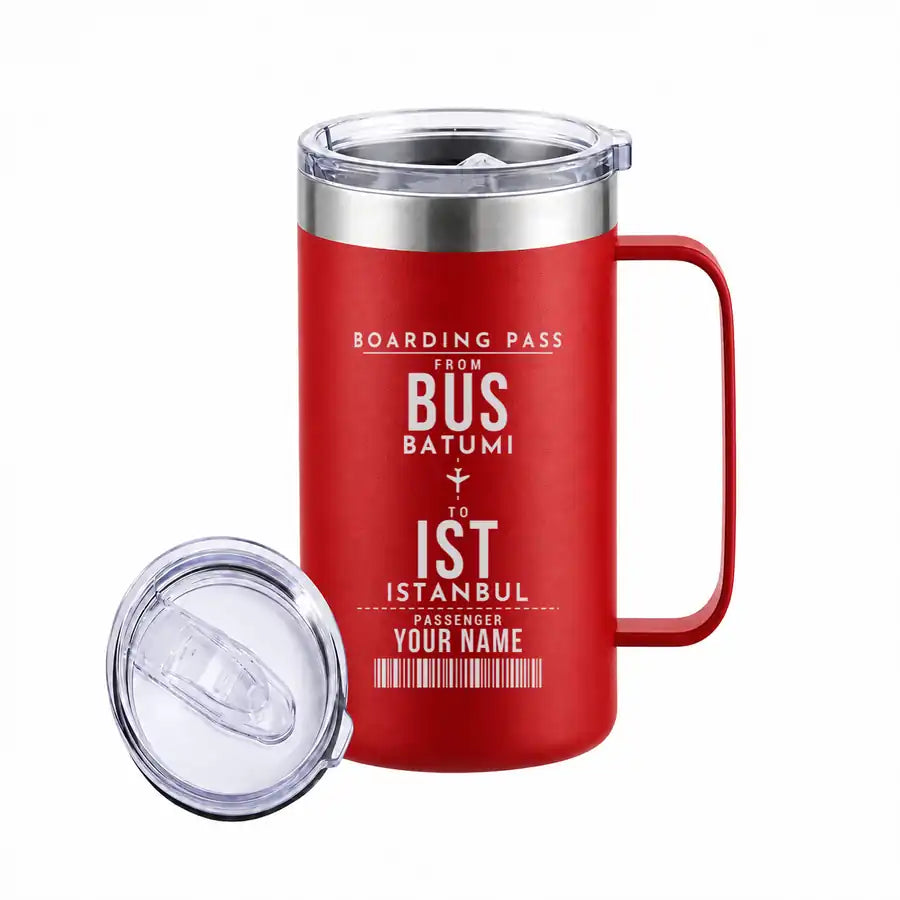 Alexander Kartveli Batumi International Airport (BUS) Stainless Steel Mugs - Customizable Boarding Pass - Stainless Steel Mug - 24 oz / 700ML - Red