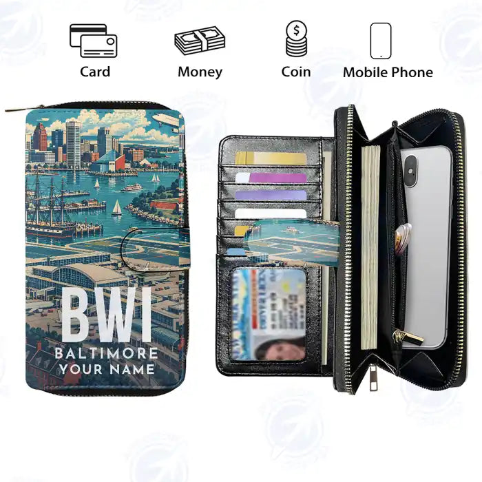 Baltimore-Washington International Thurgood Marshall Airport (BWI) Leather Wallets - Zip Long Wallet - Scene + Name