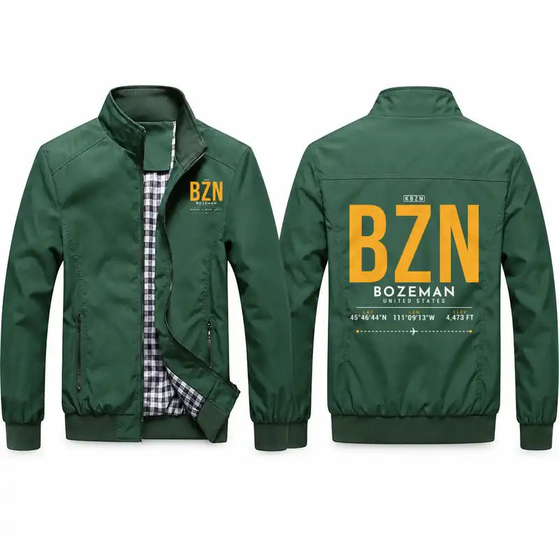 Bozeman Yellowstone International Airport (BZN) Stylish Jackets - Stand Collar - Tag - Green