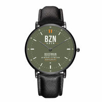 Thumbnail for Bozeman Yellowstone International Airport (BZN) Aviator Watches - Classic - Green Army - Slim Leather - Black & Black Leather Strap