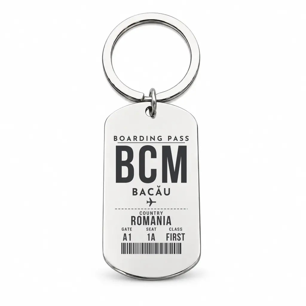 Bacău International Airport BCM - Key Chain - Boarding Pass Style - Silver