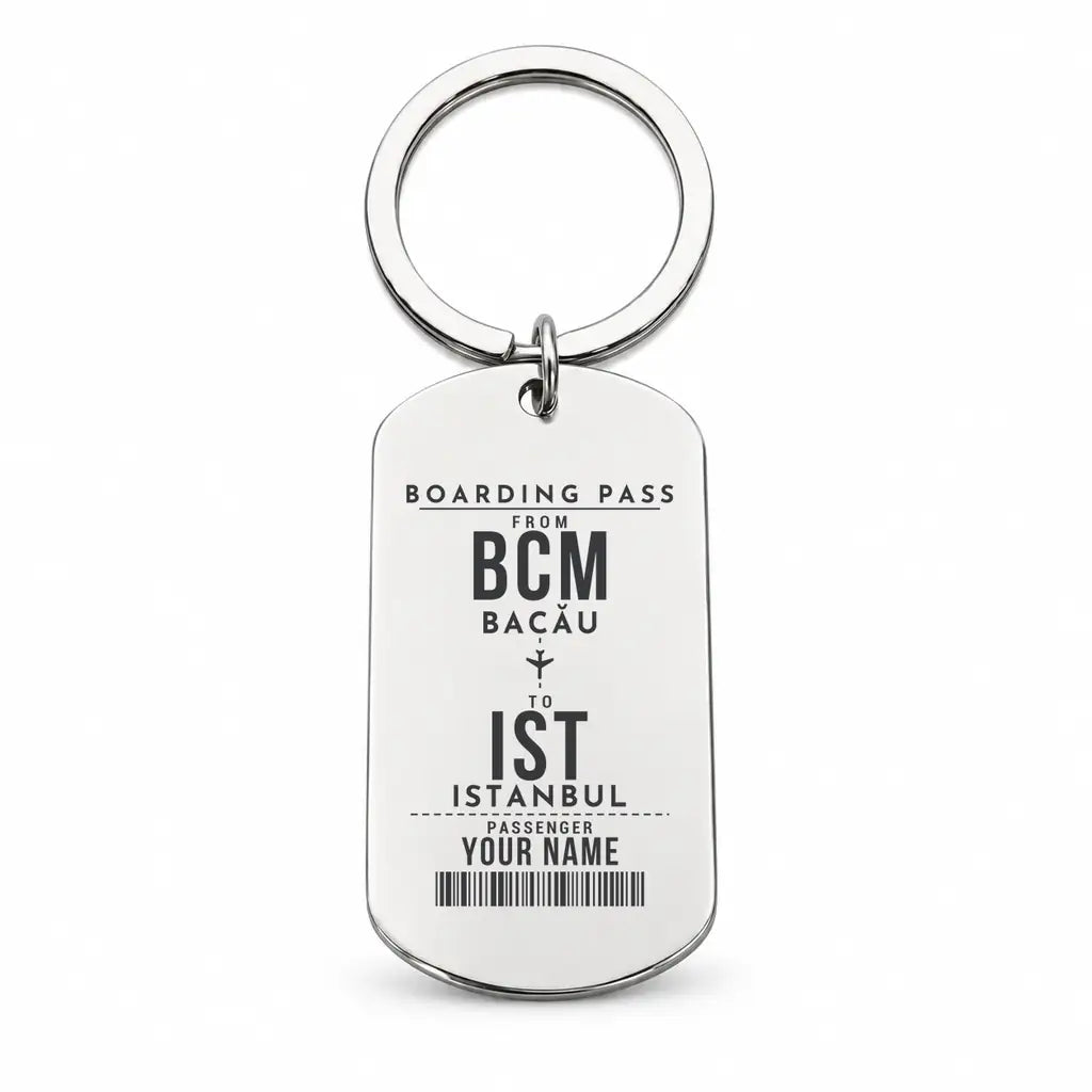 Bacău International Airport BCM - Key Chain - Customizable Boarding Pass - Silver