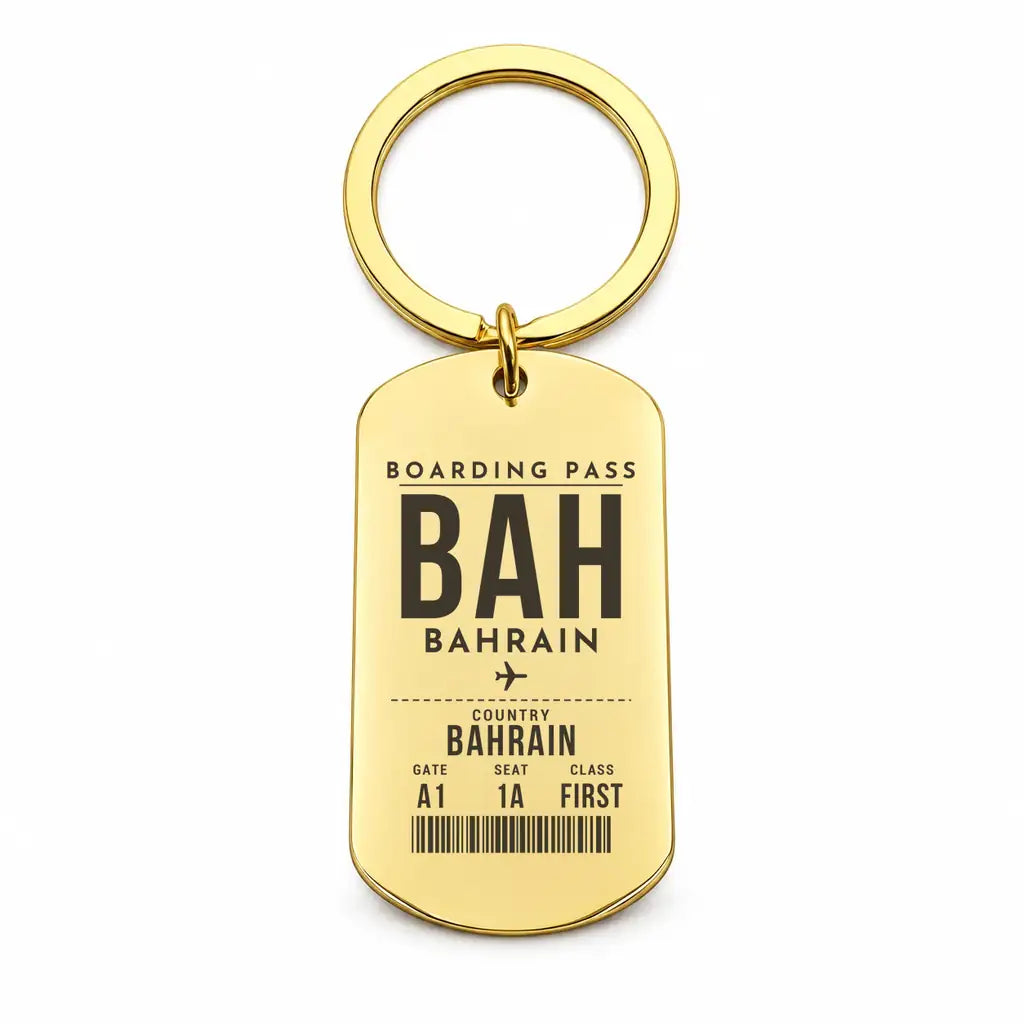 Bahrain International Airport BAH - Island Pearl Current - Key Chain - Boarding Pass Style - Gold