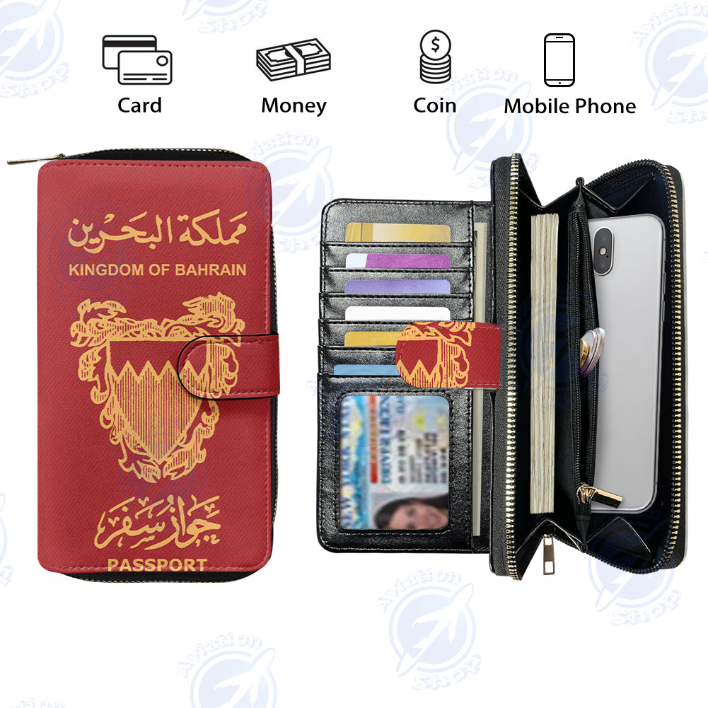 Bahrain Passport Designed Leather Long Zipper Wallets