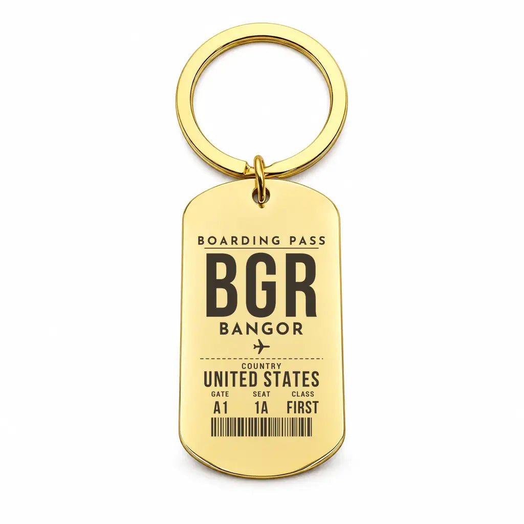 Bangor International Airport BGR - Key Chain - Boarding Pass Style - Gold