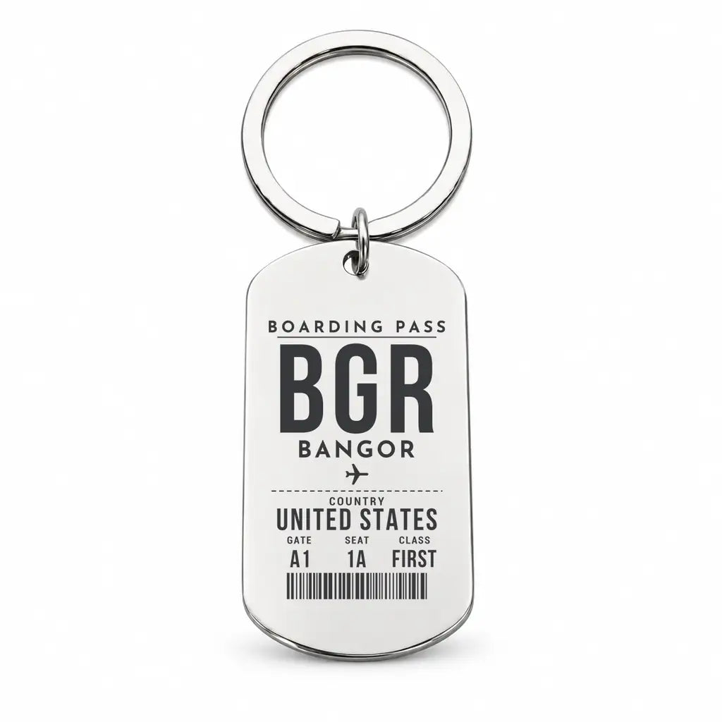 Bangor International Airport BGR - Key Chain - Boarding Pass Style - Silver