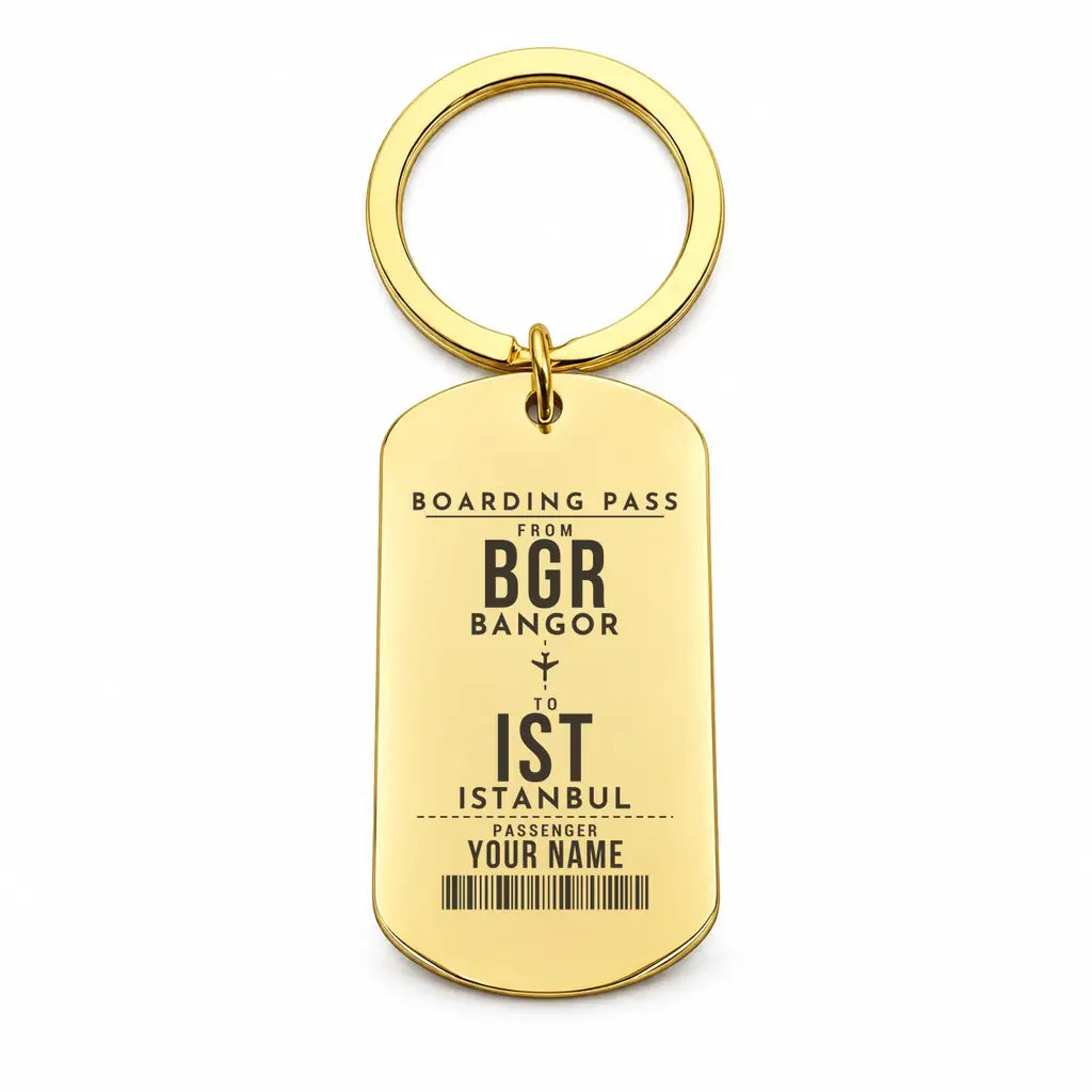 Bangor International Airport BGR - Key Chain - Customizable Boarding Pass - Gold