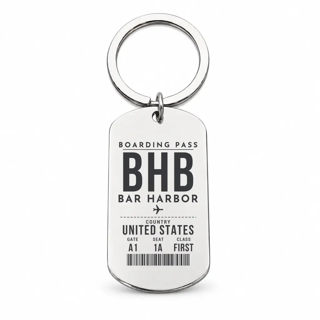 Bar Harbor Hancock County Airport BHB - Key Chain - Boarding Pass Style - Silver