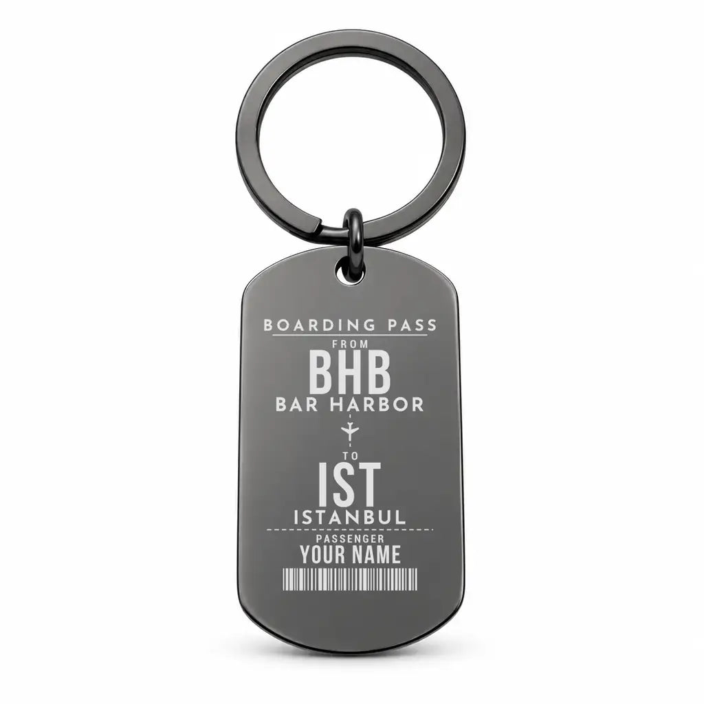 Bar Harbor Hancock County Airport BHB - Key Chain - Customizable Boarding Pass - Black