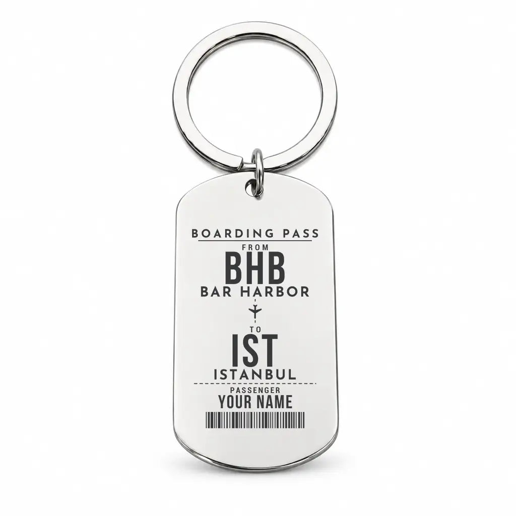 Bar Harbor Hancock County Airport BHB - Key Chain - Customizable Boarding Pass - Silver