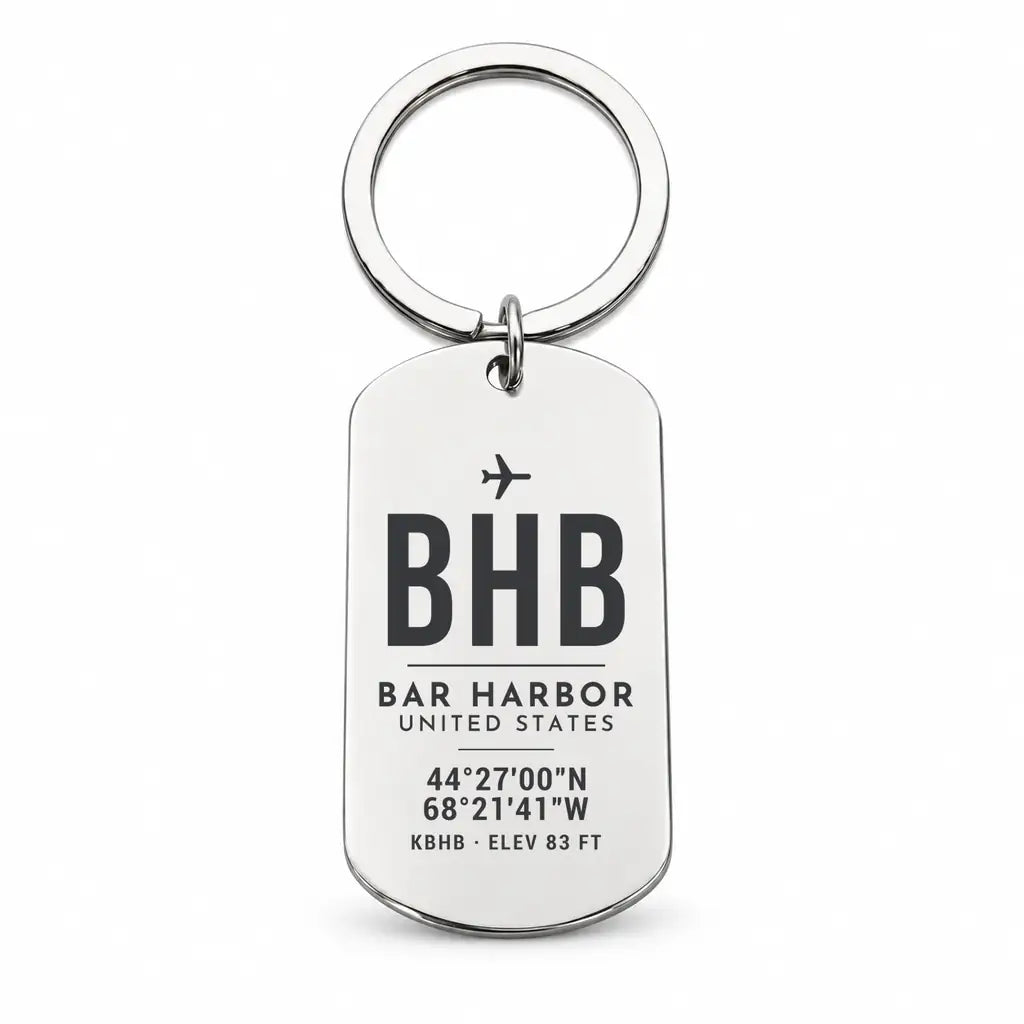 Bar Harbor Hancock County Airport BHB - Key Chain - Original Design - Silver