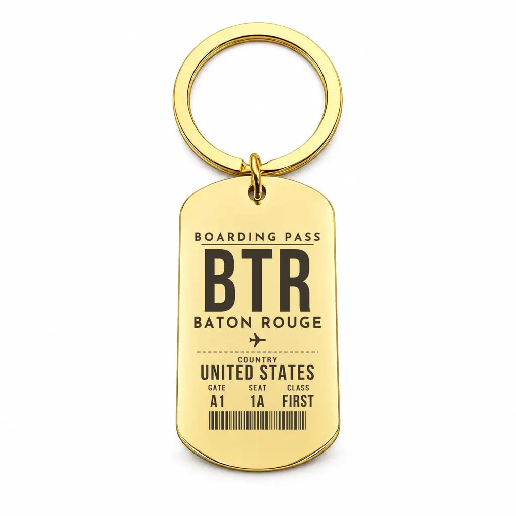 Baton Rouge Metropolitan Airport BTR - Key Chain - Boarding Pass Style - Gold