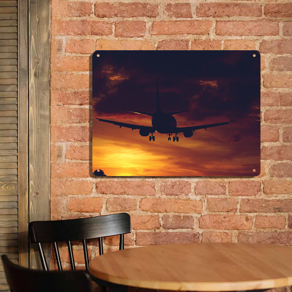 Beautiful Aircraft Landing at Sunset Printed Metal Sign