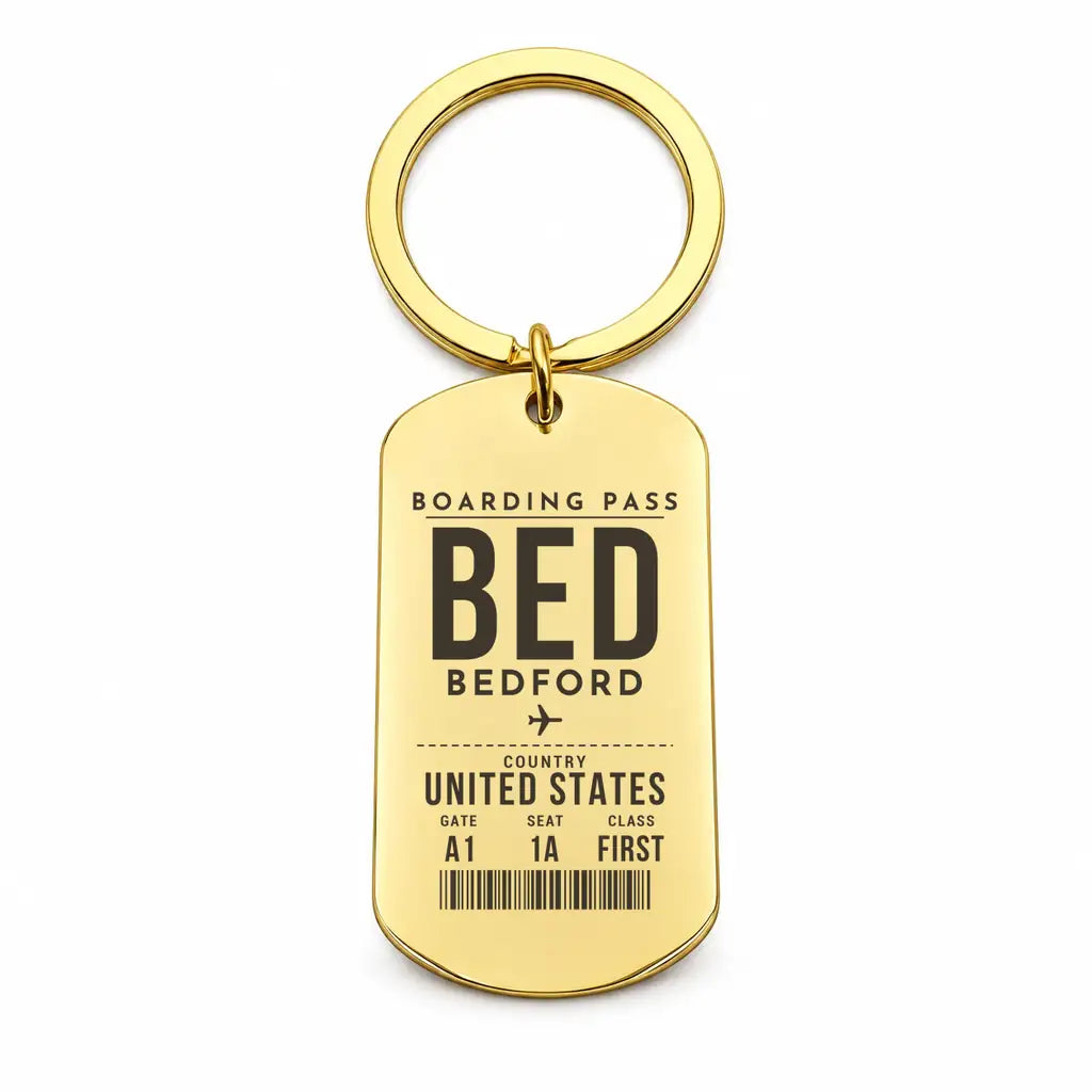 Bedford Hanscom Field Airport BED - Key Chain - Boarding Pass Style - Gold