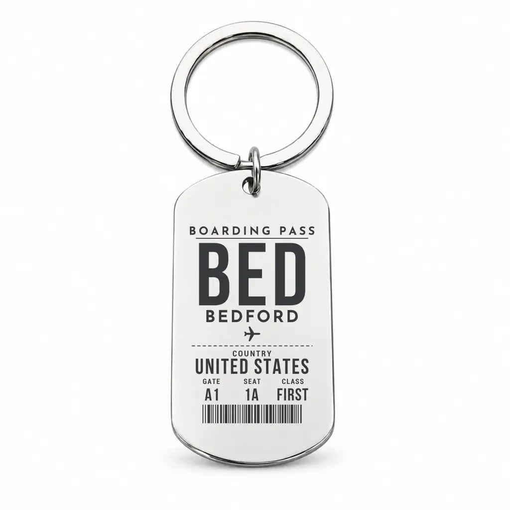 Bedford Hanscom Field Airport BED - Key Chain - Boarding Pass Style - Silver