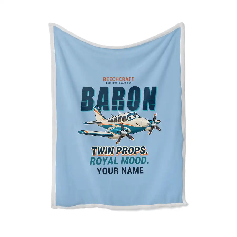Beechcraft Baron G58 - Cartoon + Name - Blanket - Light Blue