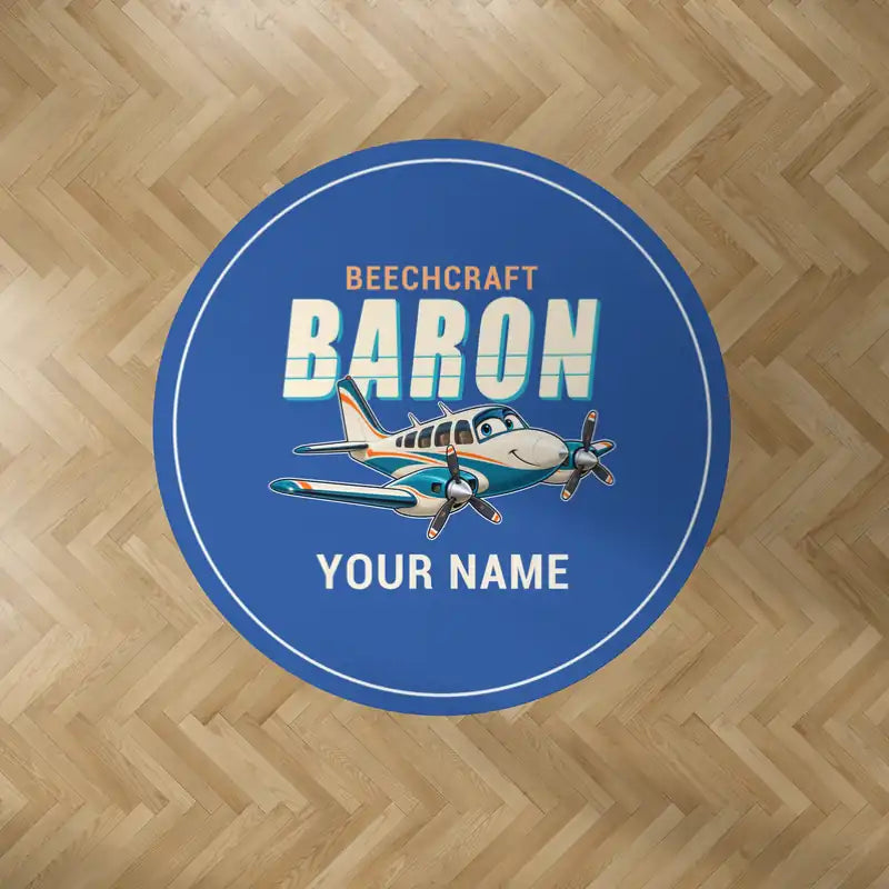 Beechcraft Baron G58 - Cartoon + Name - Round Carpet - Blue