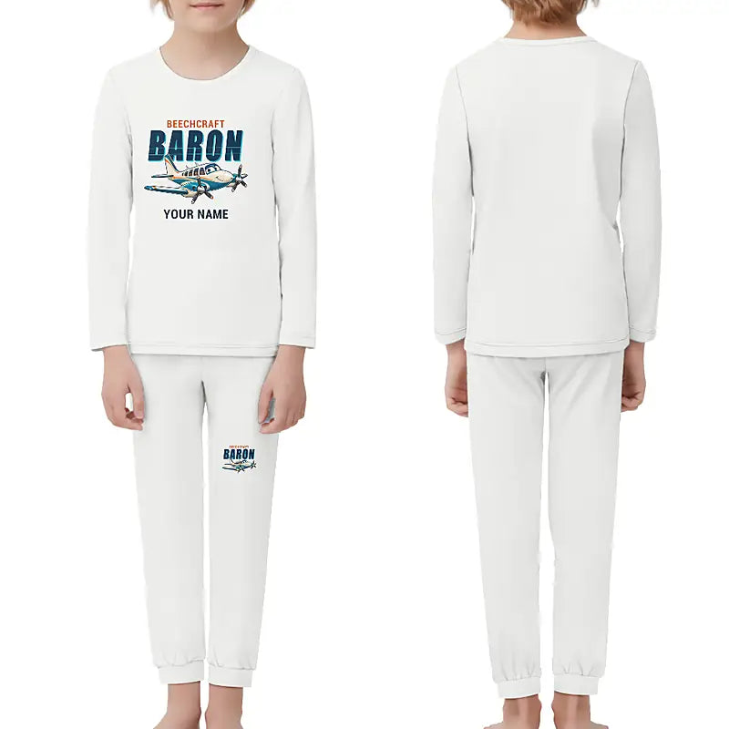 Beechcraft Baron G58 - Children Pajamas - Cartoon Chest + Name - White