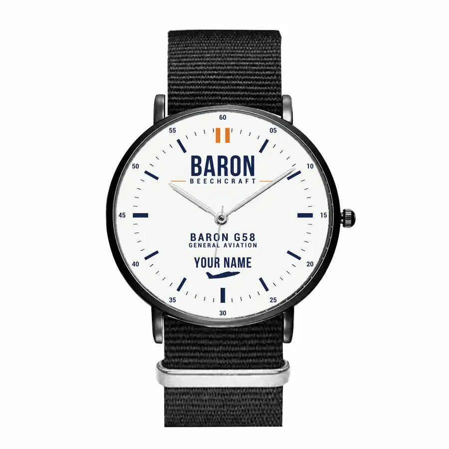 Beechcraft Baron G58 - Classic - White + Name - Slim Leather - Black and Black Nylon Strap