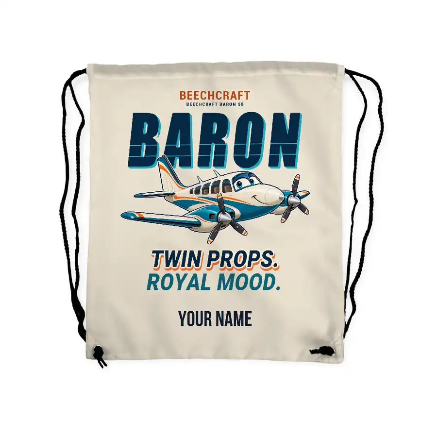Beechcraft Baron G58 - Drawstring Bag - Cartoon + Name - Beige