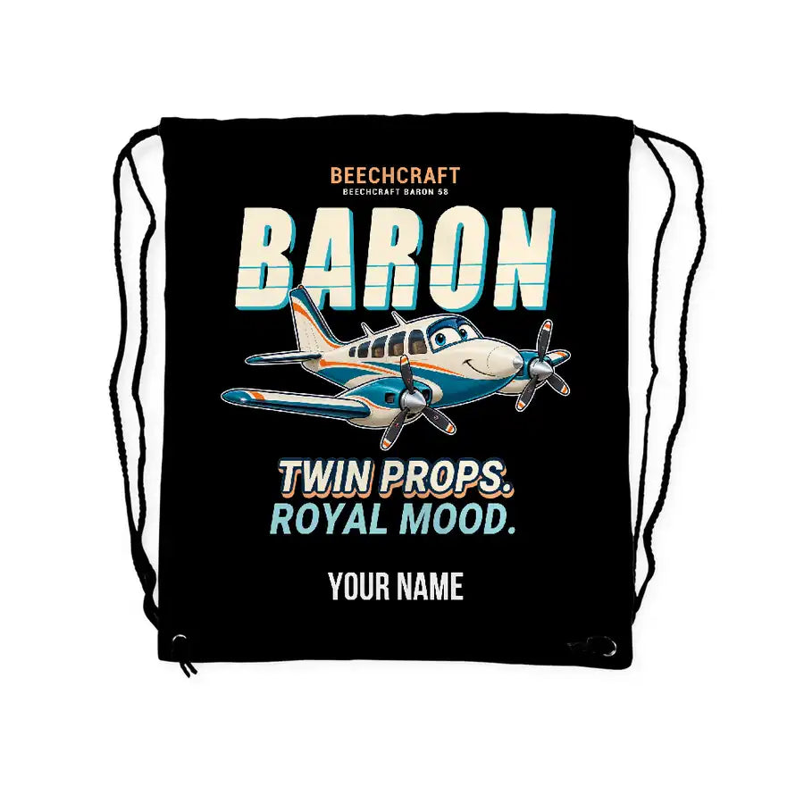 Beechcraft Baron G58 - Drawstring Bag - Cartoon + Name - Black