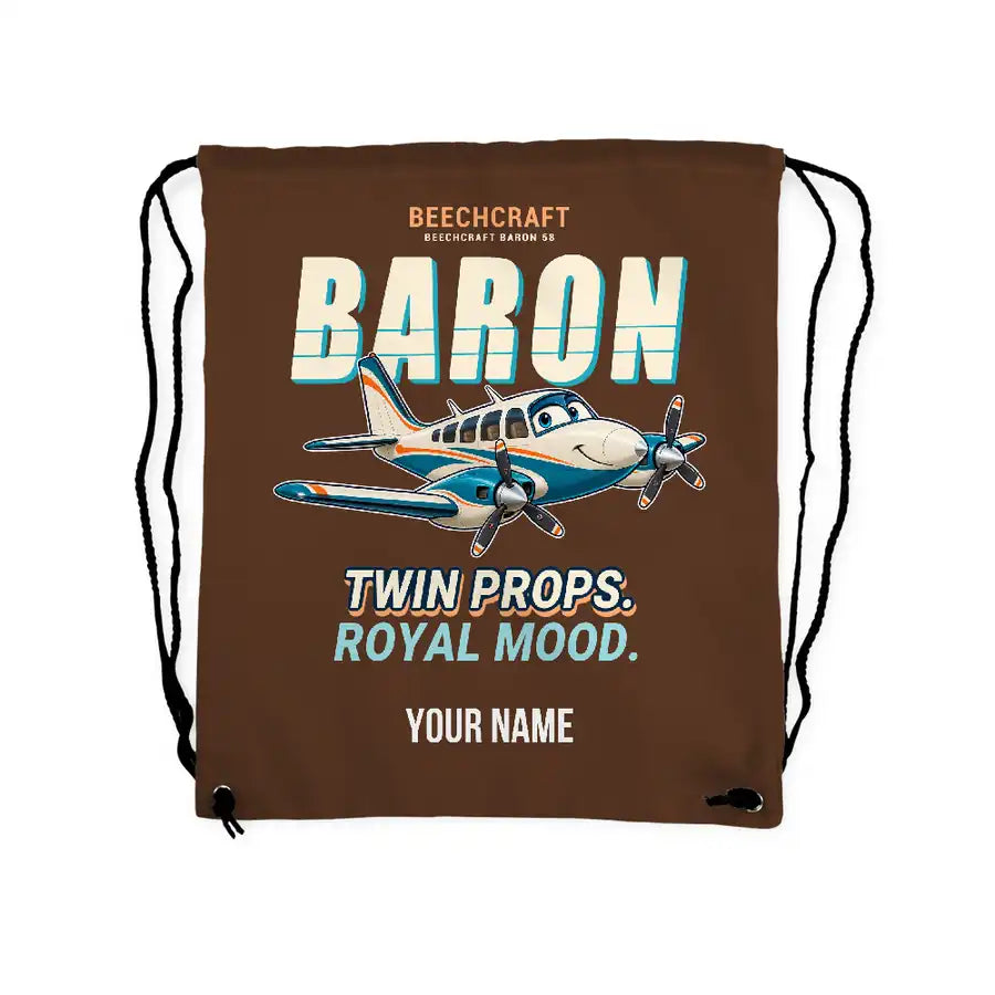 Beechcraft Baron G58 - Drawstring Bag - Cartoon + Name - Brown