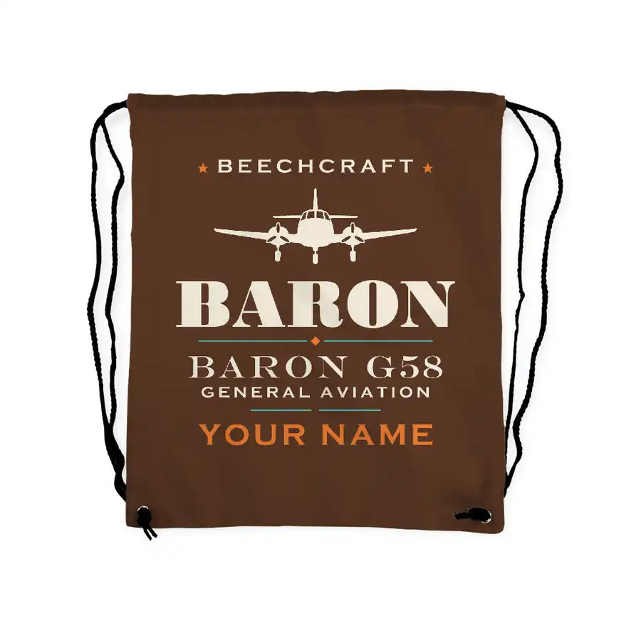 Beechcraft Baron G58 - Drawstring Bag - Heritage + Name - Brown