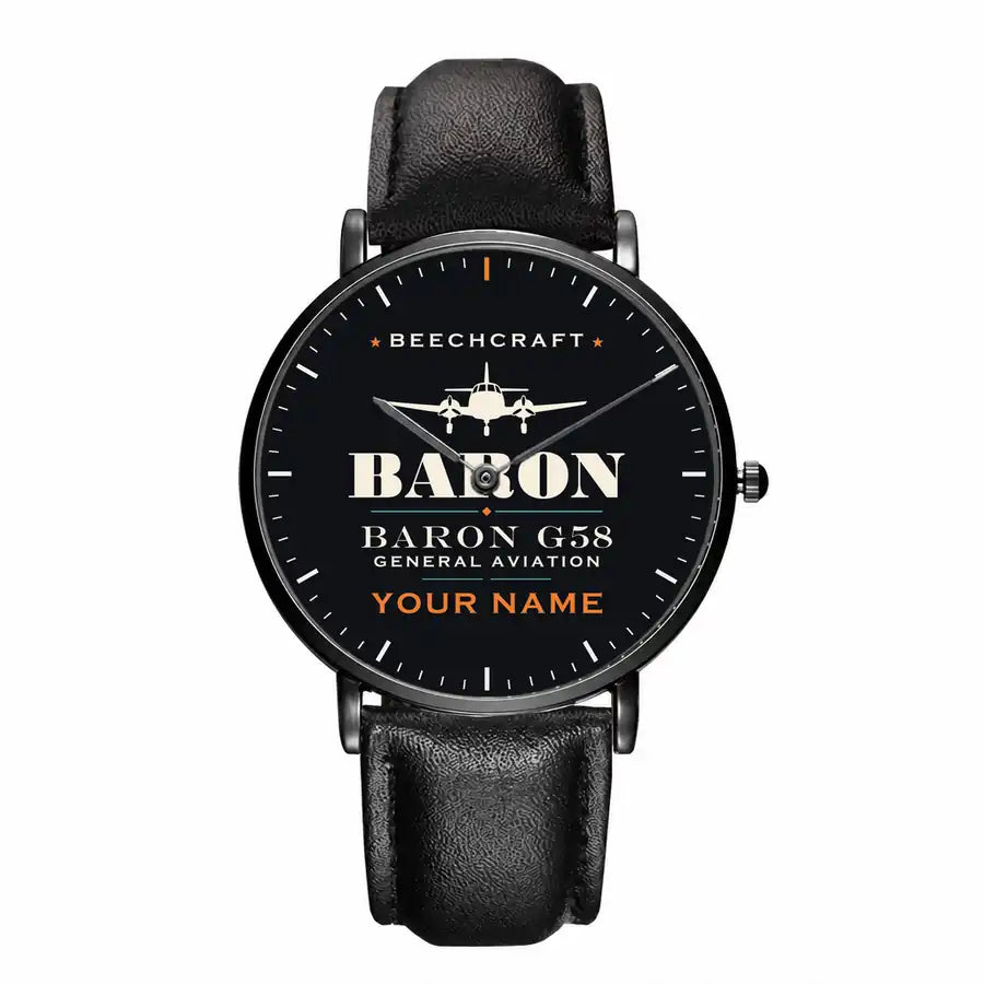 Beechcraft Baron G58 - Heritage + Name - Slim Leather - Black and Black Leather Strap