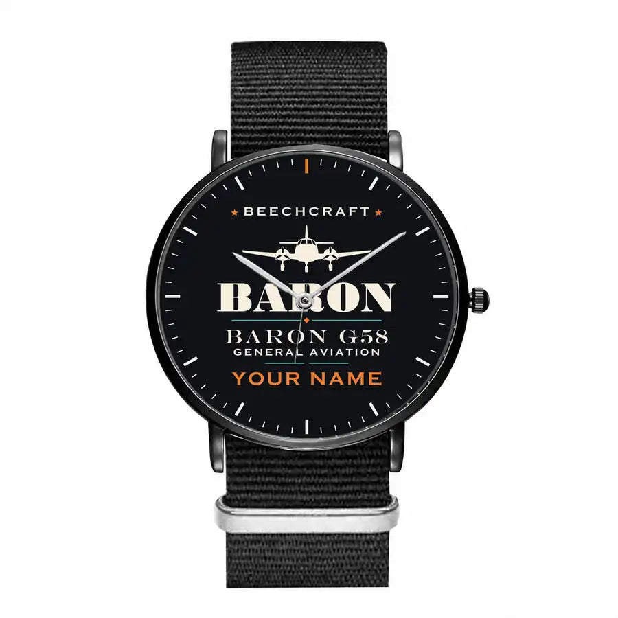 Beechcraft Baron G58 - Heritage + Name - Slim Leather - Black and Black Nylon Strap