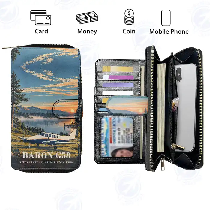 Beechcraft Baron G58 Leather Wallets - Zip Long Wallet - 3D